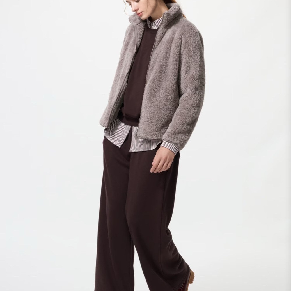 Uniqlo Fluffy Yarn Fleece Full Zip Jacket Gray Teddy Sherpa Size M